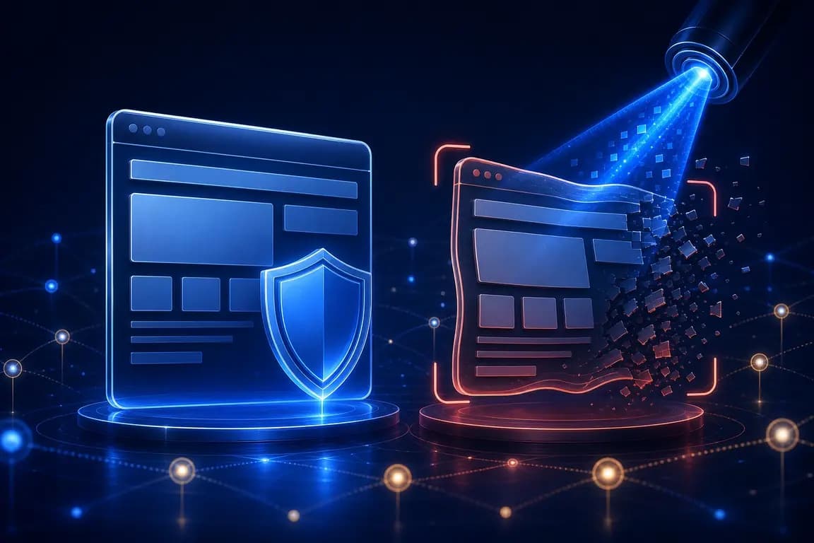 A protected website compared with a fragmented lookalike site under active scanning
